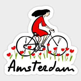 Girl in bike on a tulip field | Amsterdam Sticker